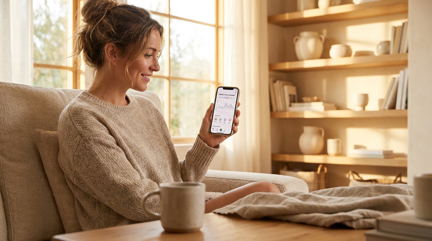 A woman calmly checking how her mood connects to her cycle phase in the Vyve app