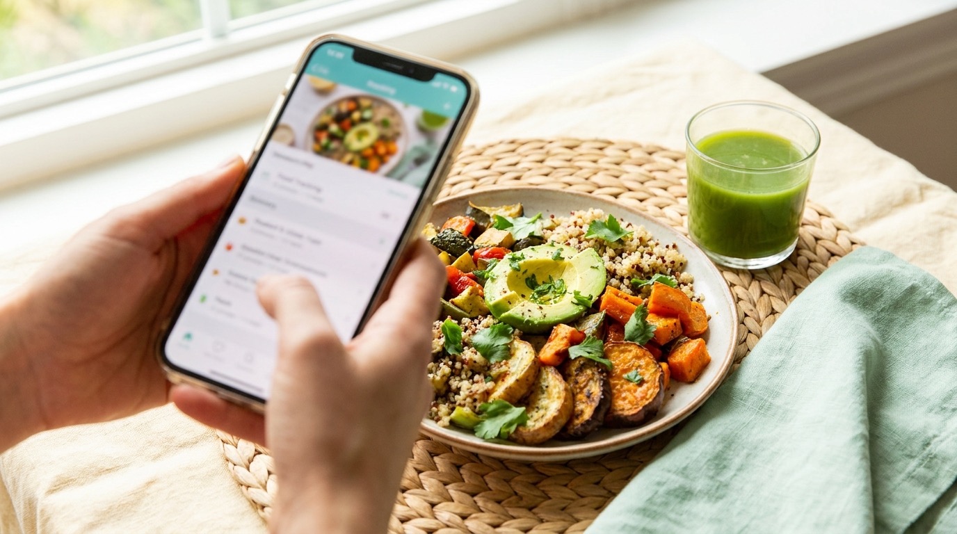 Person snapping a photo of a colourful healthy meal with their phone to log calories with AI