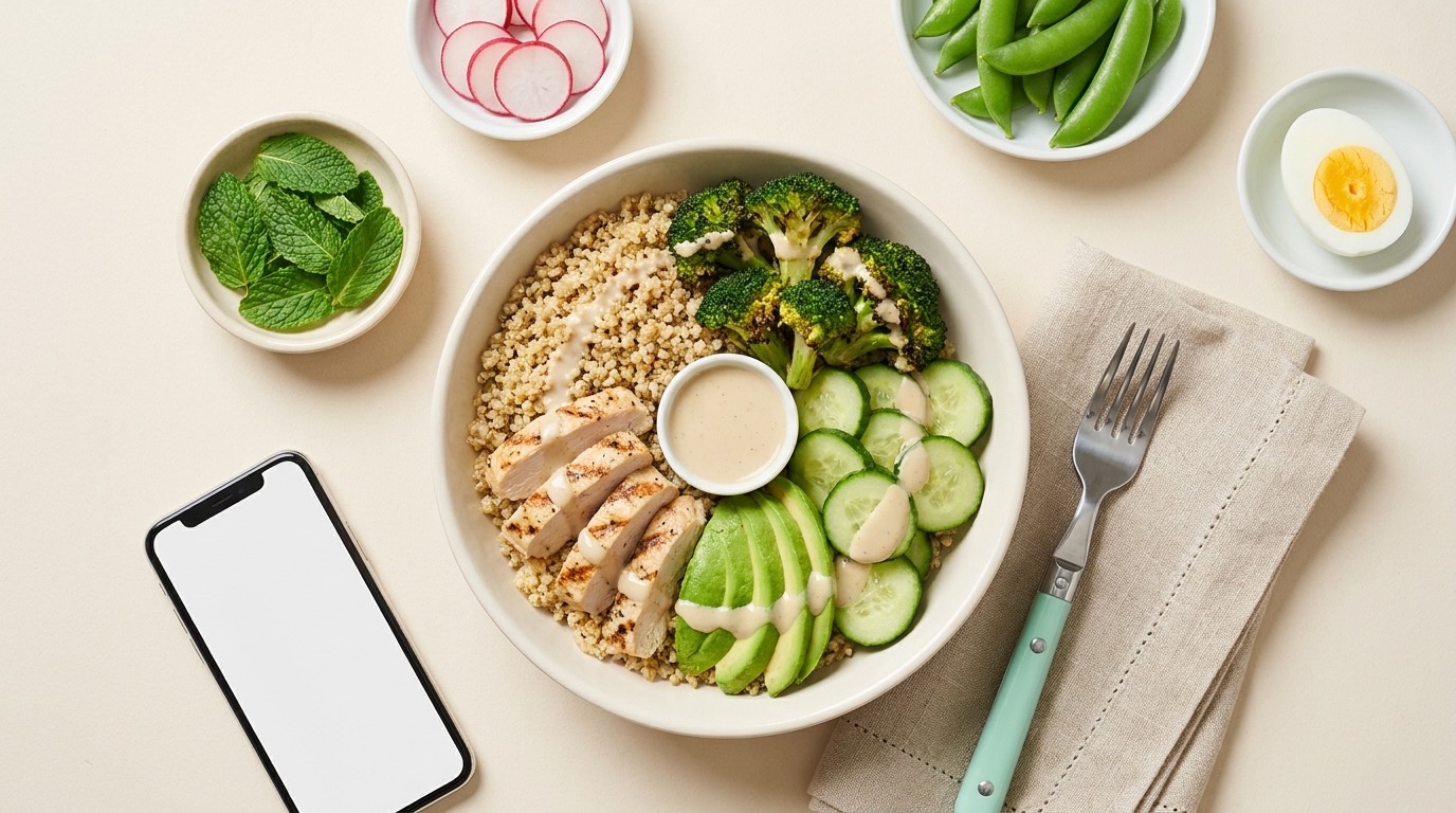 Top-down flat-lay of a balanced healthy meal bowl beside a phone, showing the kind of plate an AI calorie tracker logs