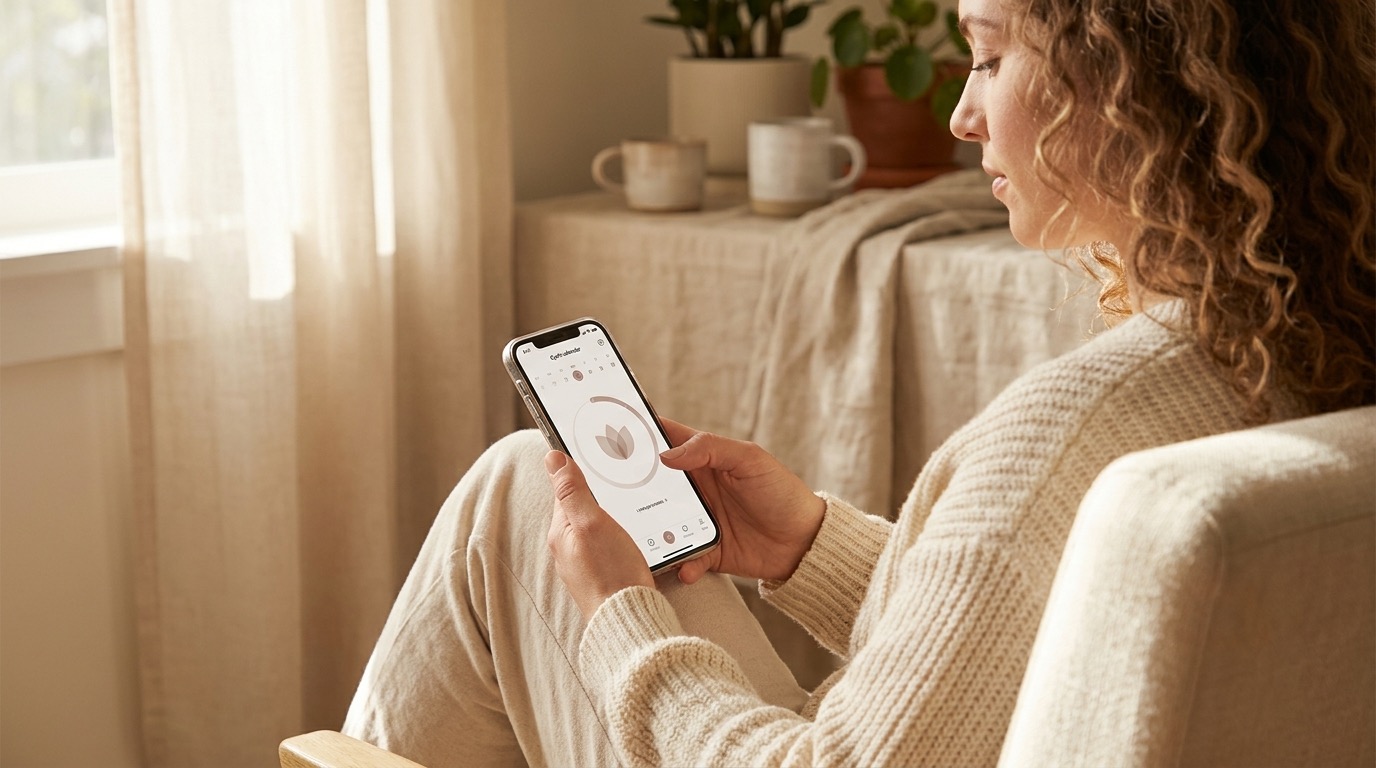 Woman calmly checking her AI period tracker app on her smartphone in a warm cream-toned room