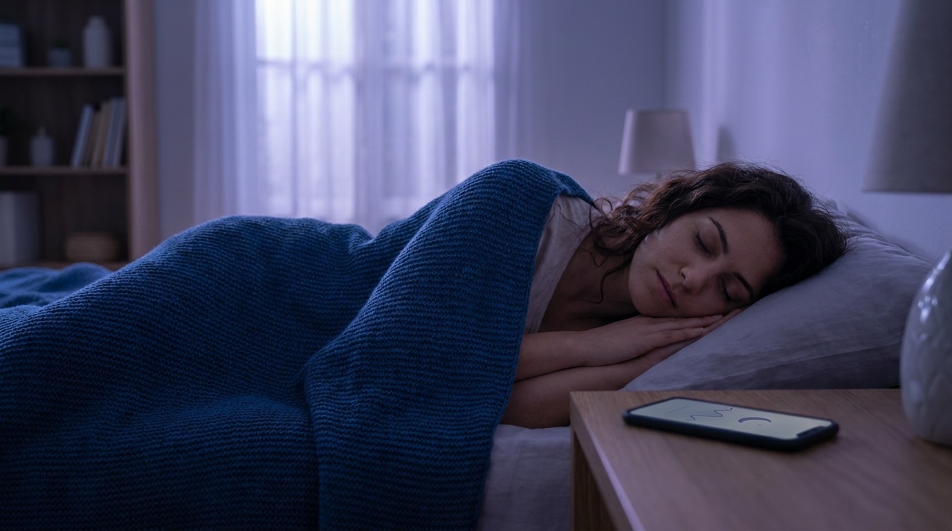 Woman sleeping peacefully in soft moonlight with a phone showing a calm AI sleep tracking app on the nightstand