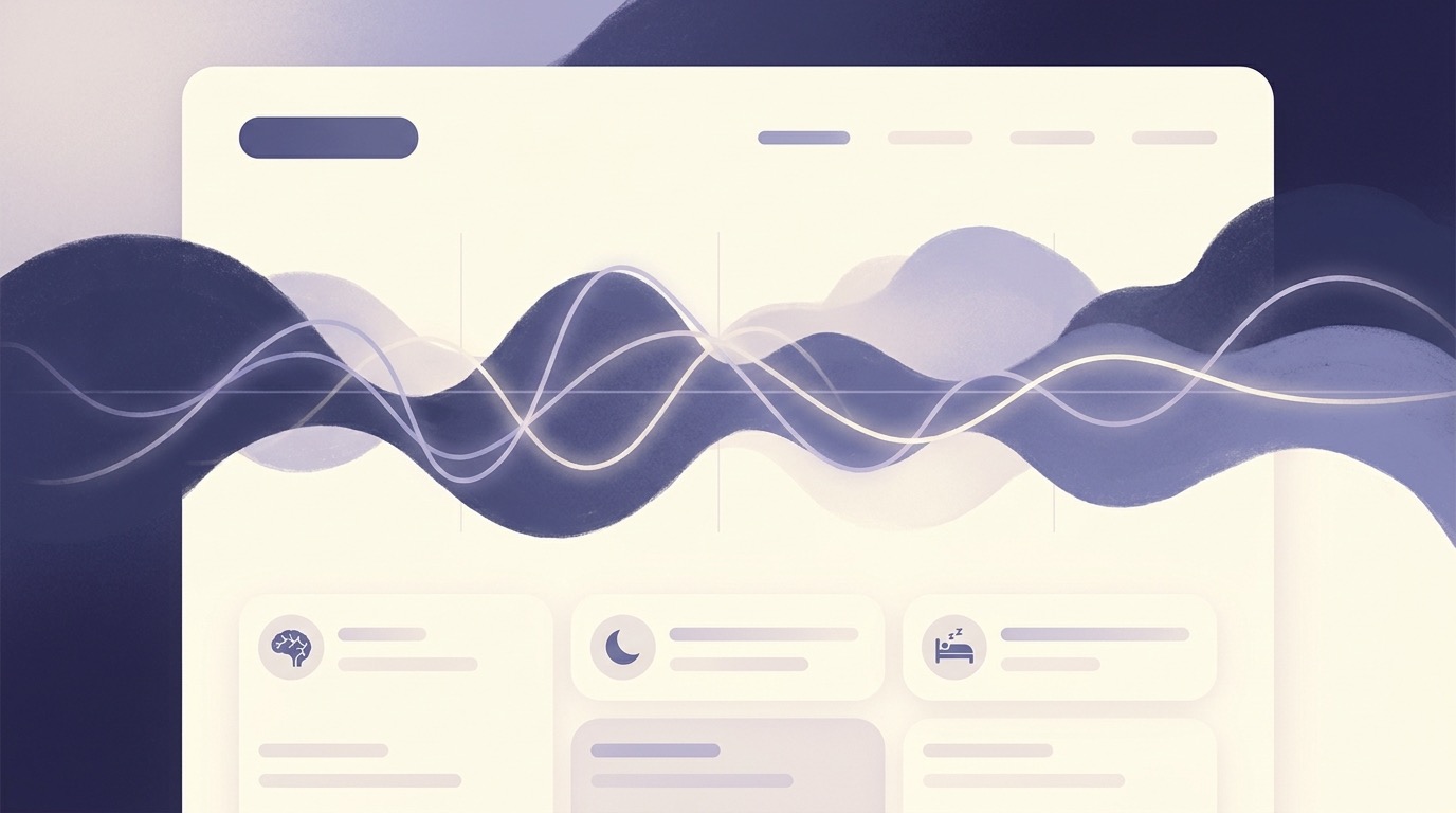 Illustration of AI analyzing sleep stages across a night as gentle flowing waves