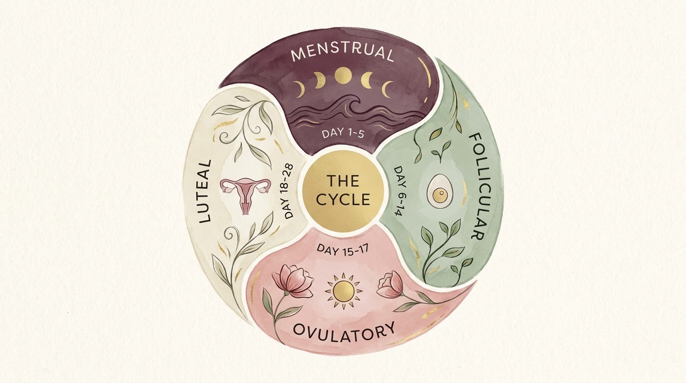 Soft illustration of the four menstrual cycle phases — menstrual, follicular, ovulatory and luteal — as Vyve maps them