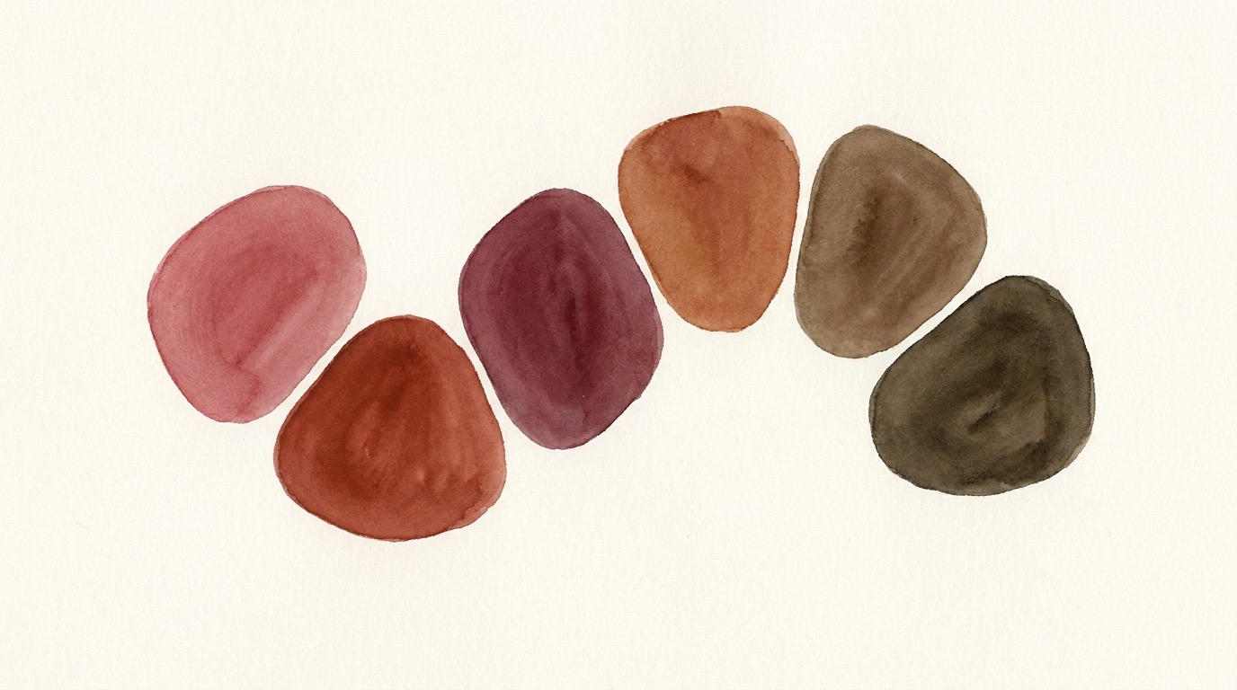 A simple period blood color chart showing bright red, dark red, brown, black, pink, orange and grey swatches with short labels