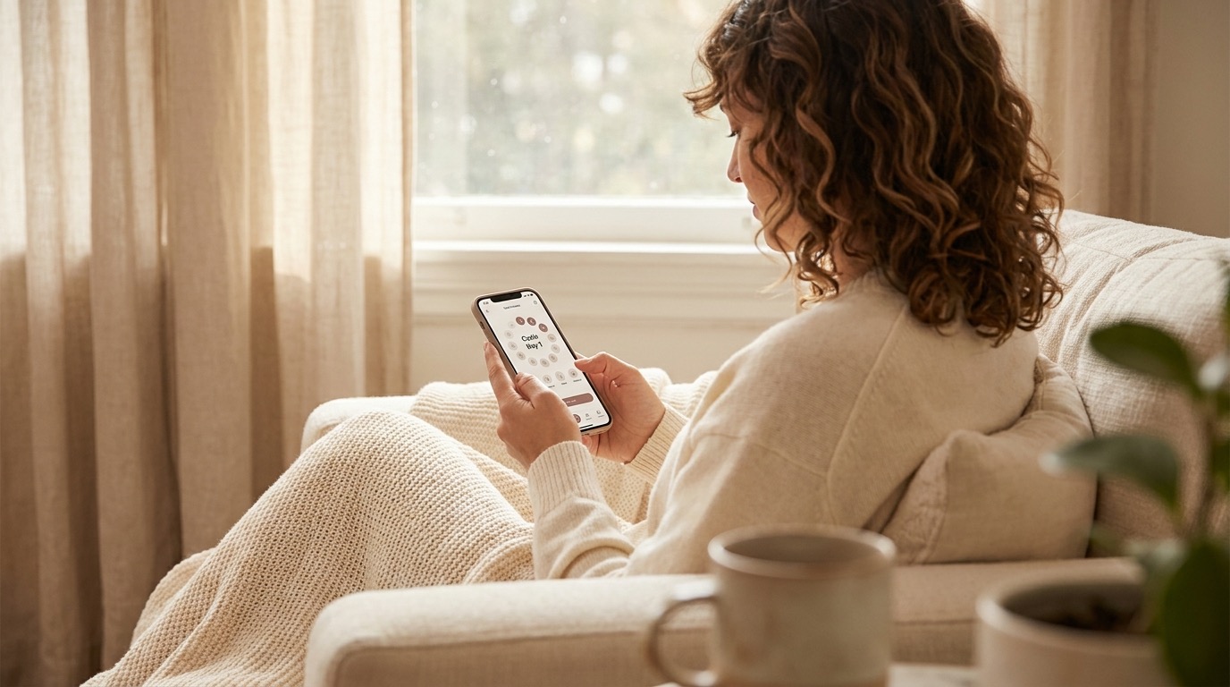 Person calmly logging their period flow and color in the Vyve private cycle tracking app on a smartphone