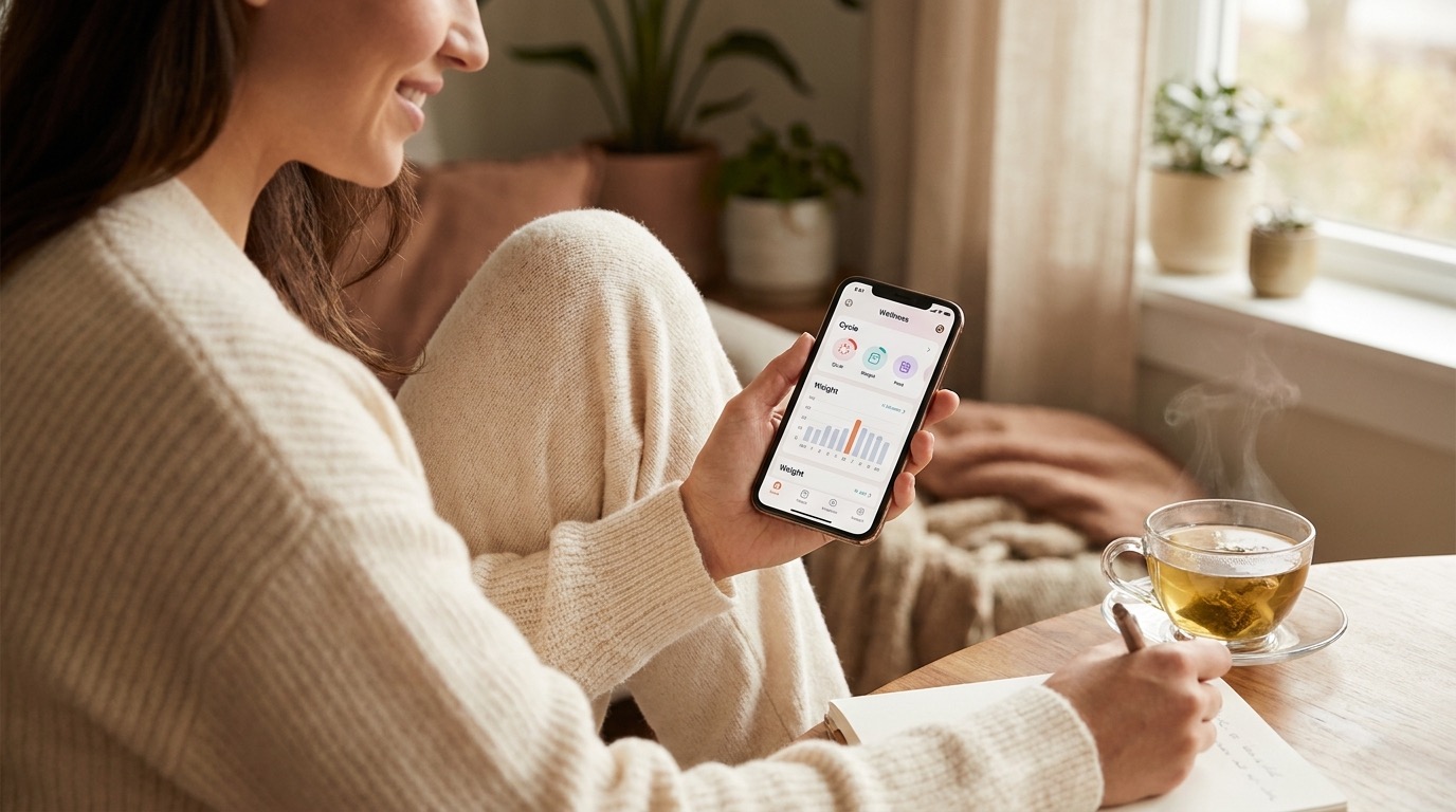 A woman tracking her weight alongside her menstrual cycle in the Vyve app to see how they connect