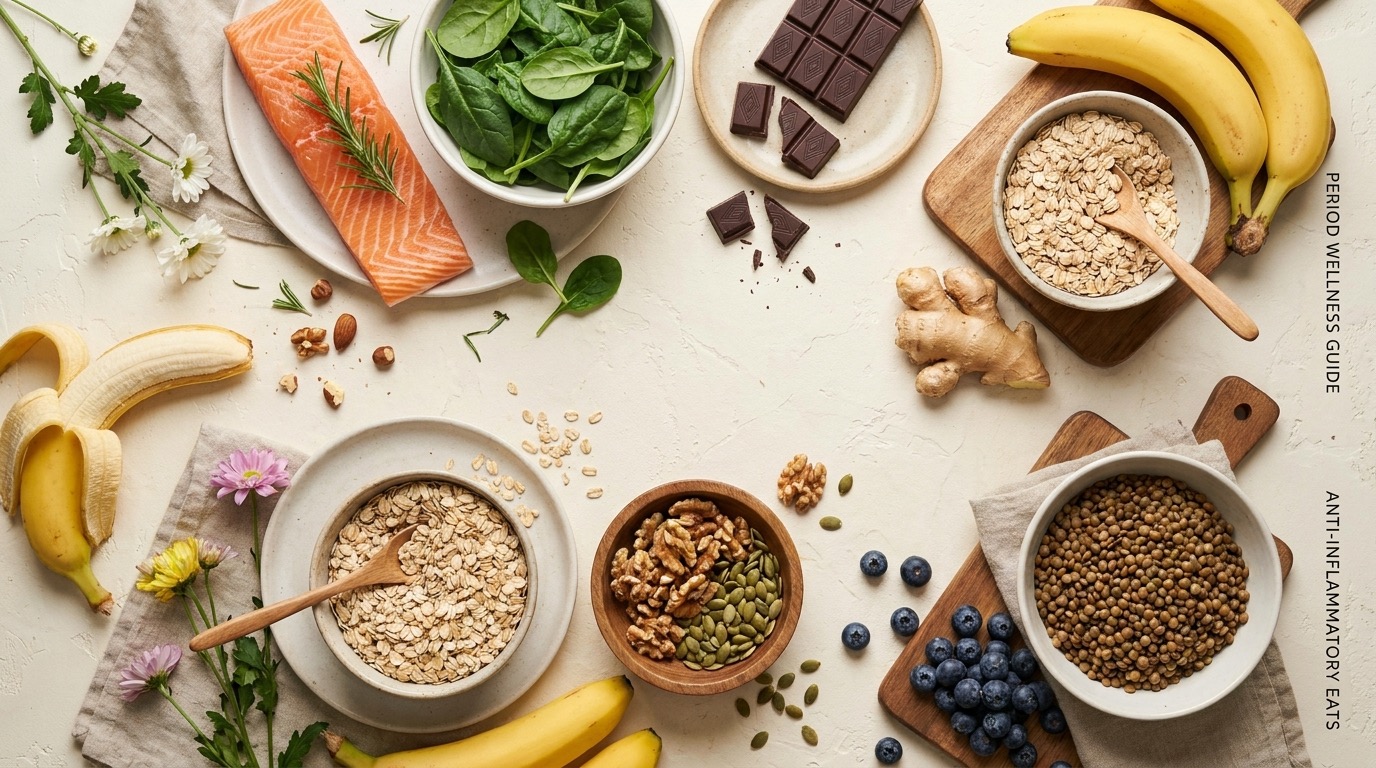 A flat-lay of the best period foods — dark chocolate, leafy greens, salmon, bananas, oats, ginger, nuts and berries