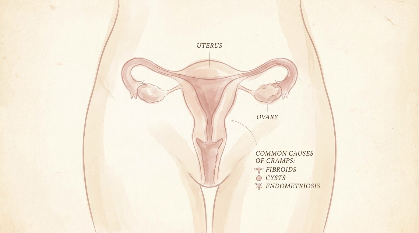 Soft anatomical illustration showing common causes of cramping after a period, such as ovulation and ovarian cysts