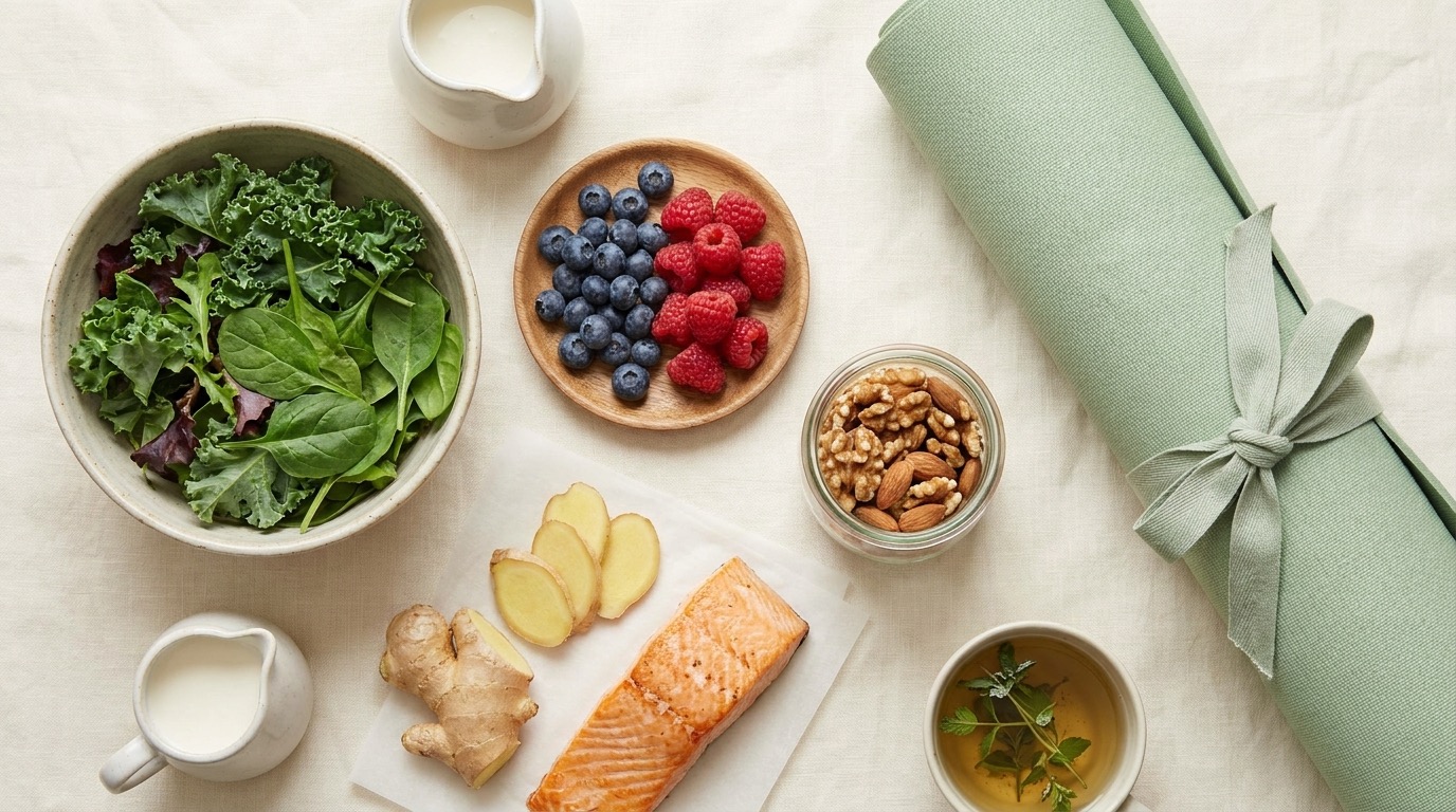 Vyve AI suggesting anti-inflammatory foods and gentle cycle-aware exercise to help ease period cramps