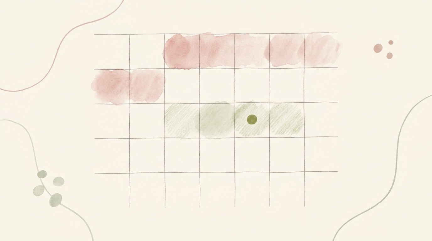 A soft illustration of a menstrual cycle on a calendar showing the period, fertile window and ovulation day