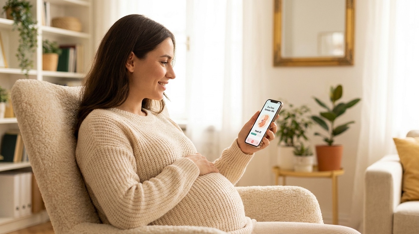 Close-up of a hand tracking pregnancy weeks in the Vyve app, showing a calm week-by-week timeline