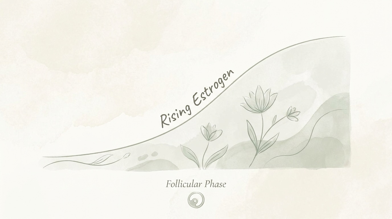 Soft illustration of estrogen and FSH rising during the follicular phase as a dominant follicle matures toward ovulation