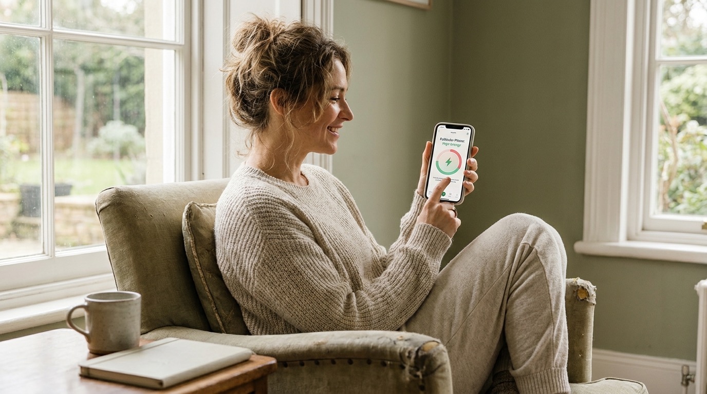 The Vyve app showing the follicular phase with rising-energy guidance on a smartphone, private and on-device
