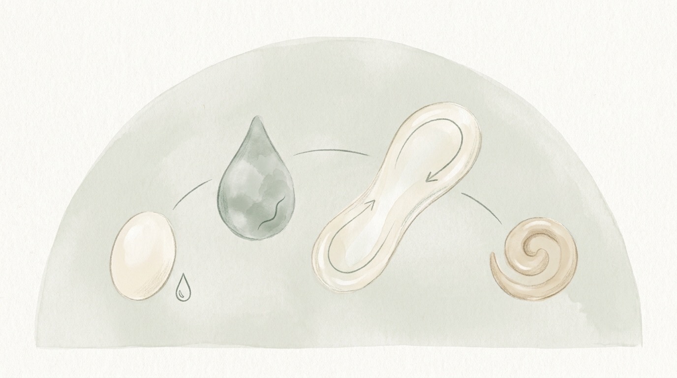 Illustration douce montrant l'évolution de la glaire cervicale au fil du cycle : sèche, collante, crémeuse, liquide puis blanc d'œuf