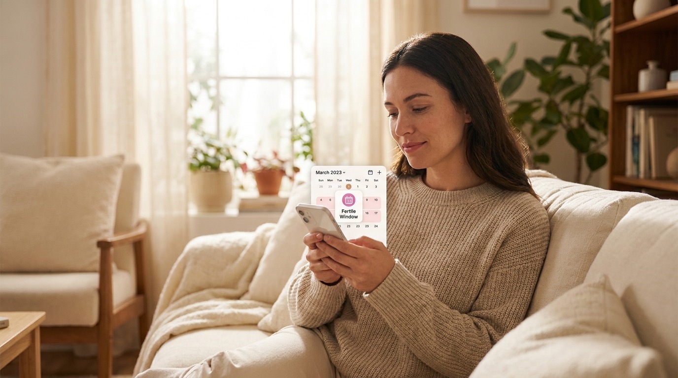 Femme notant son observation de glaire cervicale et sa température basale dans l'application Vyve pour repérer sa fenêtre fertile