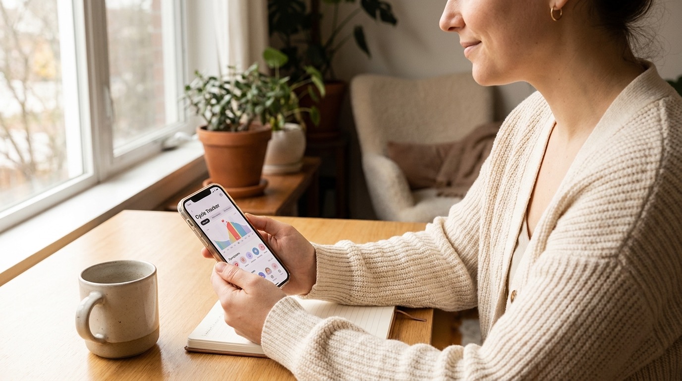 A person calmly reviewing their irregular cycle and symptom patterns in the Vyve private tracker app on a phone