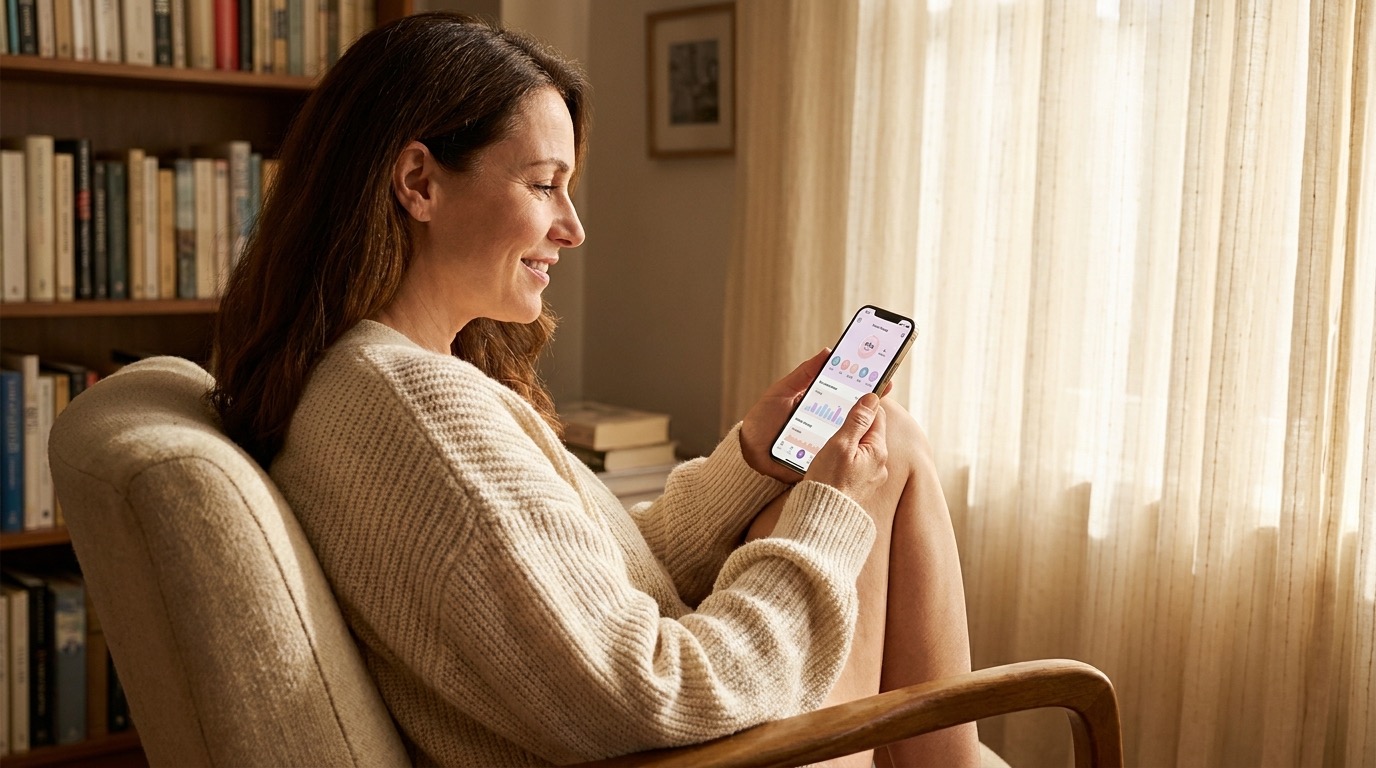 A woman calmly reviewing her perimenopause symptom and cycle patterns in the Vyve Peri private app on her phone