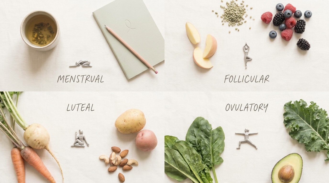 Warm lifestyle illustration of cycle syncing — a woman matching her food, movement and rest to her current menstrual cycle phase