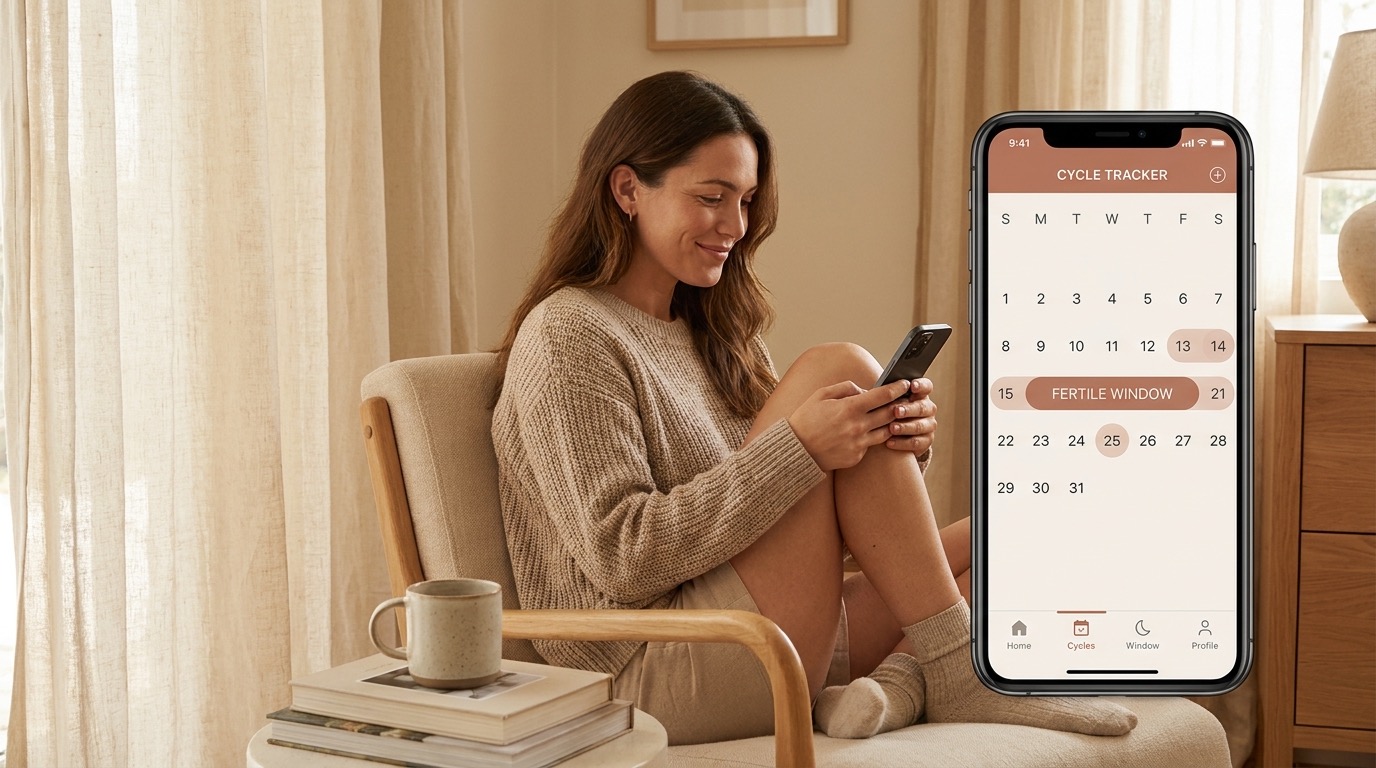 A woman calmly checking her cycle and fertile window in the Vyve app on her phone