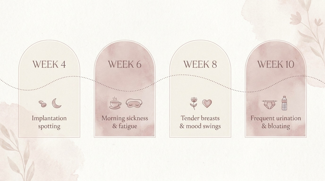 Soft editorial illustration of an early pregnancy symptom timeline mapped across the two-week wait, from ovulation to a missed period