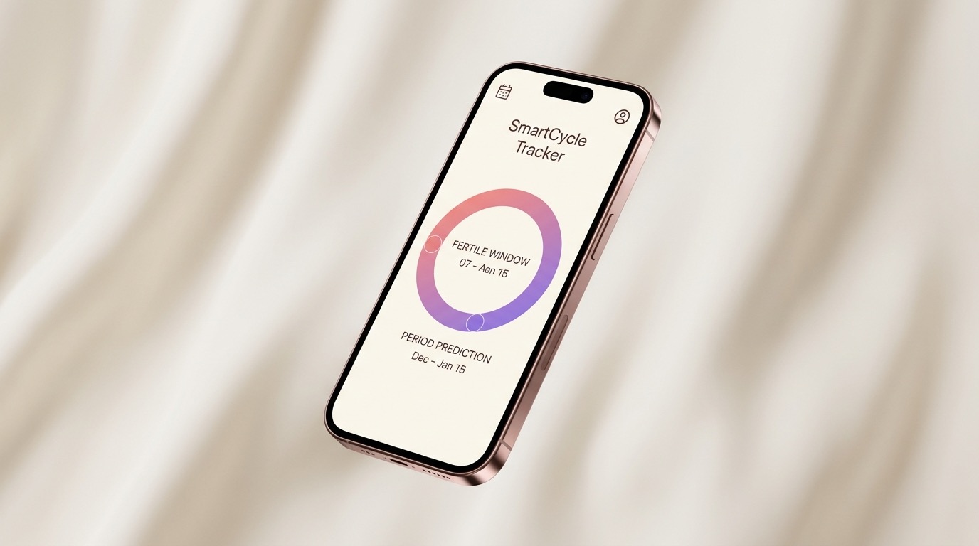 A close-up of a phone showing a smart cycle app with the fertile window and predictions