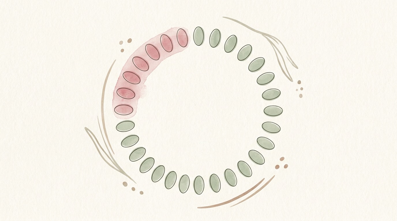 A soft illustration of a cycle calendar showing the fertile window highlighted against the lower-risk days