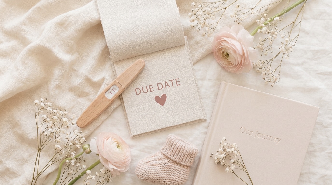 Detalle delicado de una taza de té junto a un calendario y un teléfono, evocando los primeros días de espera y los síntomas tempranos de embarazo