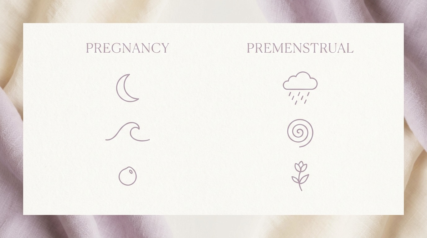 Composición editorial suave que contrasta dos estados emocionales, evocando la duda entre síntomas de embarazo y síndrome premenstrual