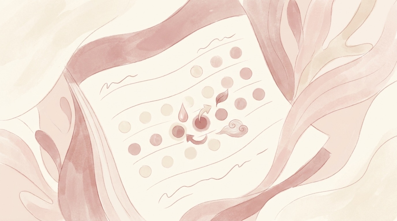 Soft conceptual illustration of the menstrual cycle hormone curve showing where ovulation and luteal-phase spotting tend to occur