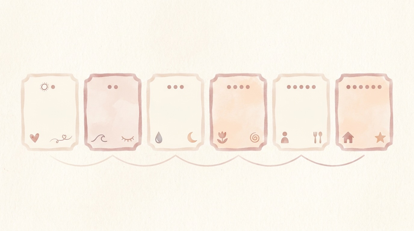 Illustration douce d'une frise chronologique du cycle montrant l'ovulation, l'implantation puis l'apparition progressive des symptômes de grossesse