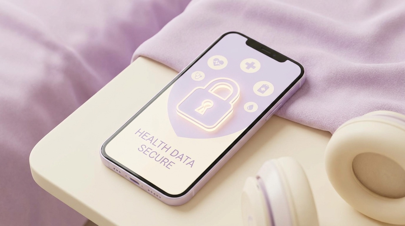 Concept image showing a teenager's period data staying safely encrypted on her own phone with Vyve