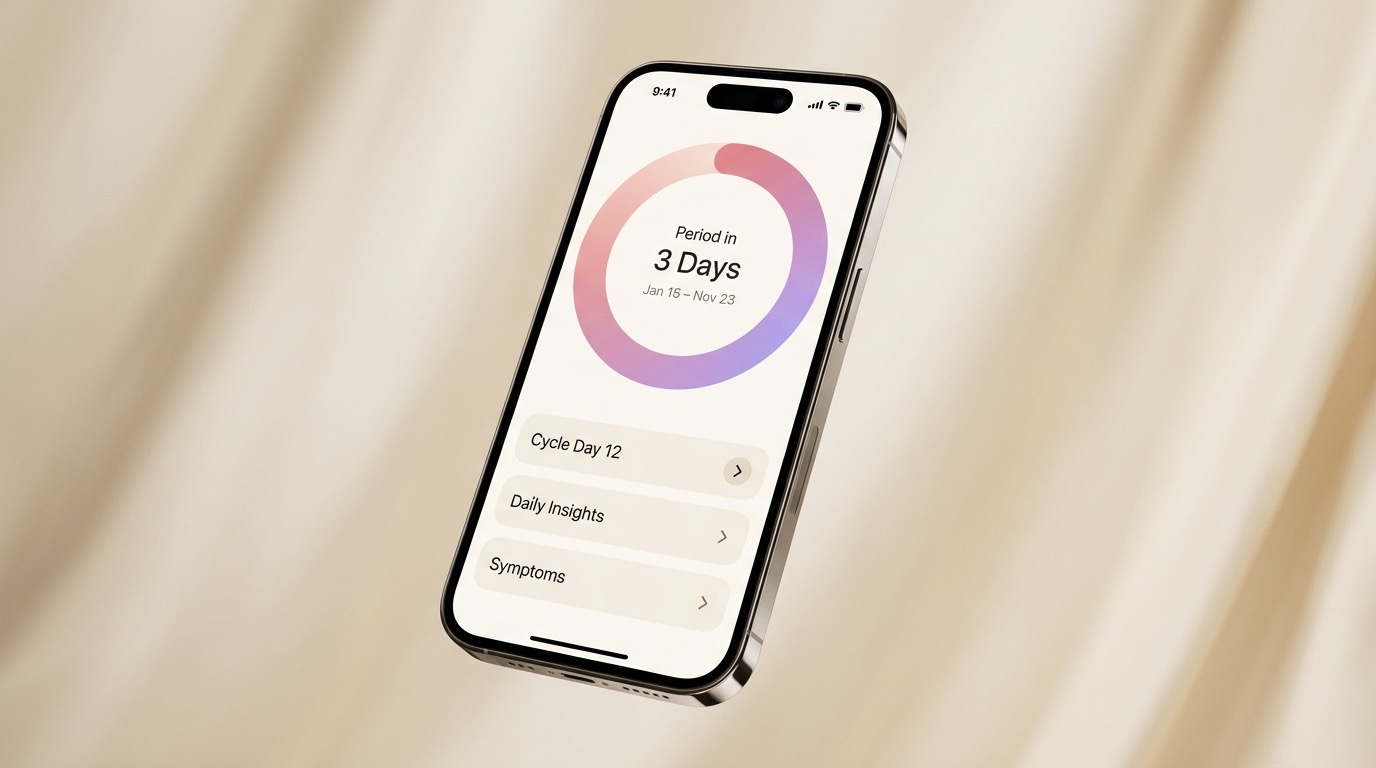A close-up of a phone showing a menstrual cycle tracking app with period predictions and a cycle ring