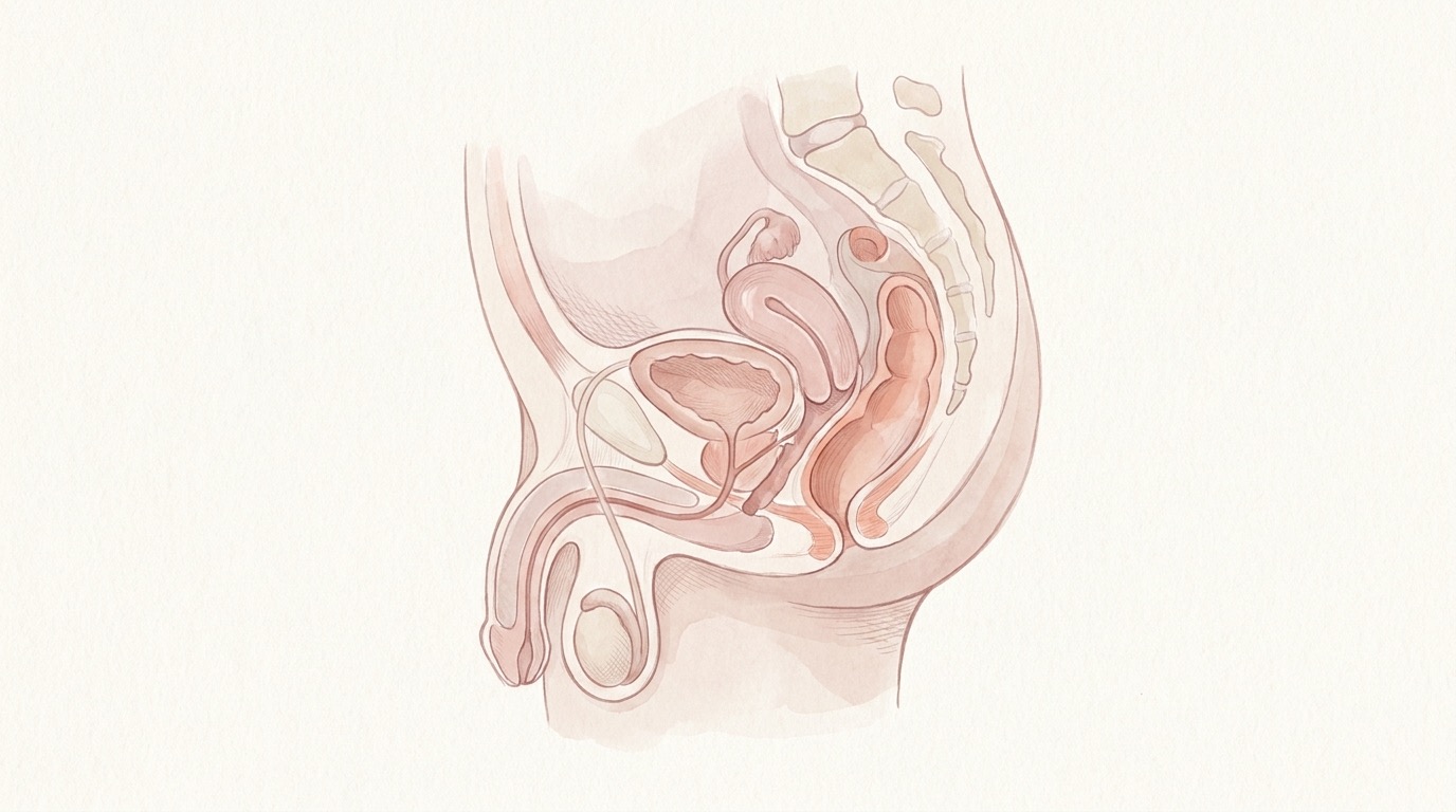 Soft, gentle anatomical concept illustration of the pelvic area showing how uterine, cervical and vulvar pain can be felt as vaginal pain