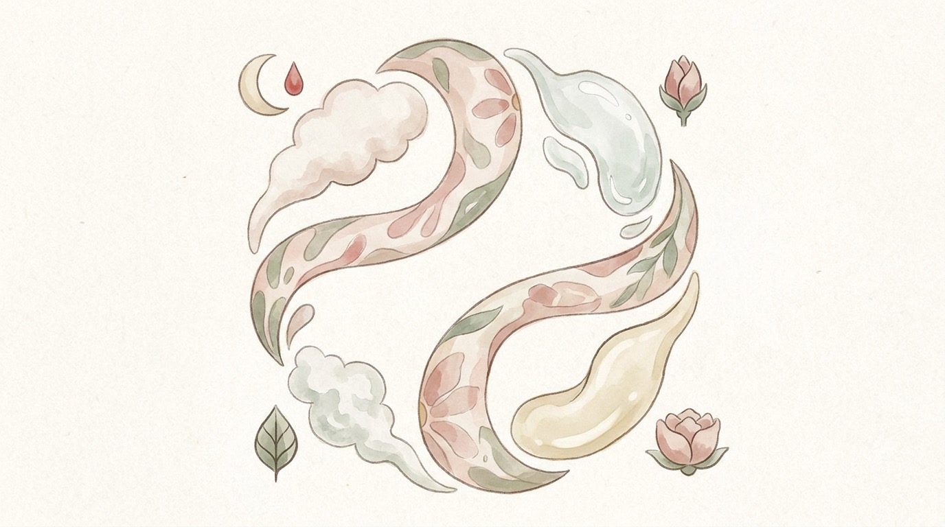 Gentle illustration showing how vaginal discharge and wetness change across the menstrual cycle, from drier after a period to slippery and clear around ovulation